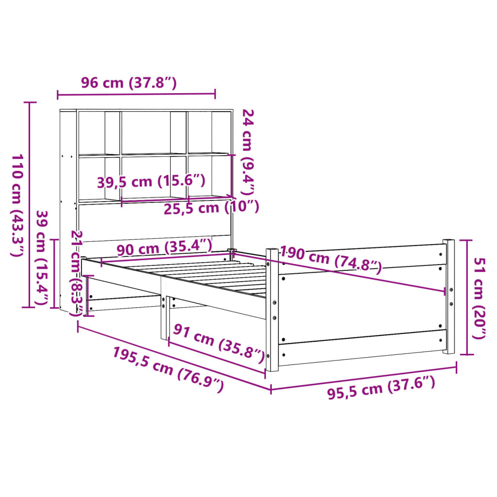 Bookcase Bed without Mattress 90x190cm Single Solid Wood Pine