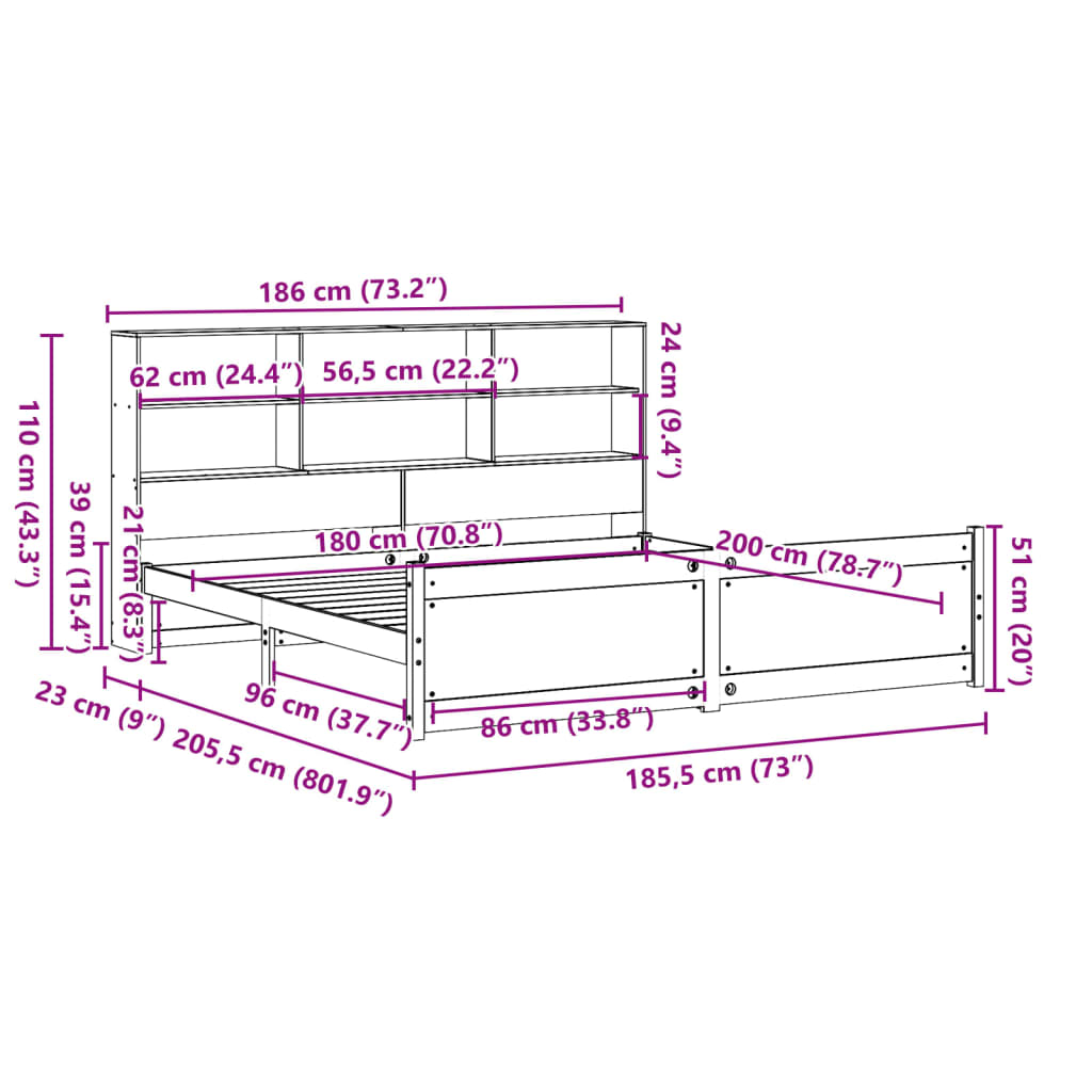 Bookcase Bed without Mattress 180x200 cm Super King Solid Wood Pine