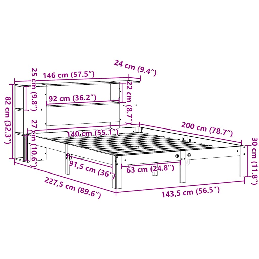 Bookcase Bed without Mattress White 140x200cm Solid Wood Pine