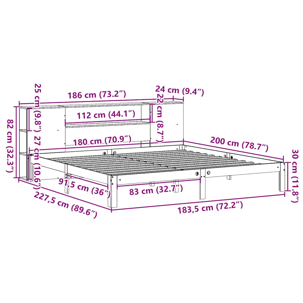 Bookcase Bed without Mattress 180x200 cm Super King Solid Wood Pine