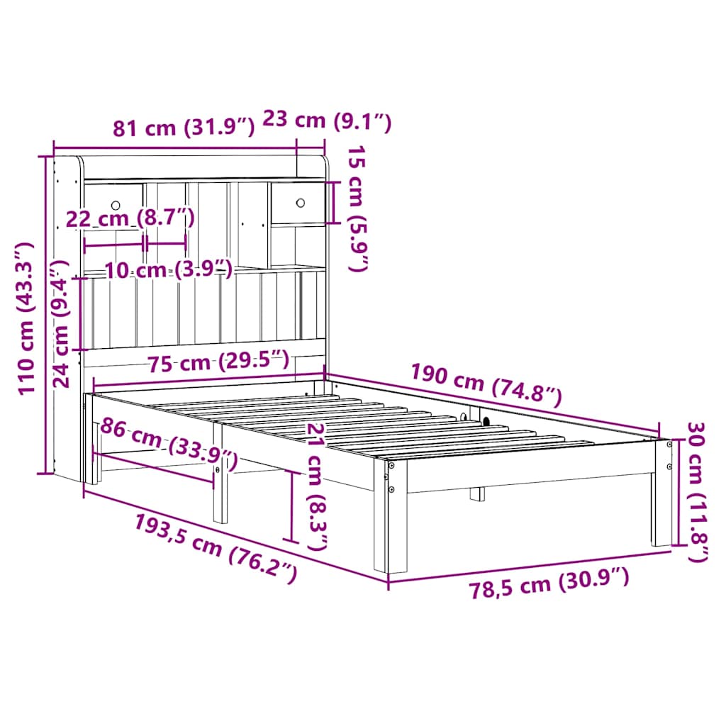 Bookcase Bed without Mattress White 75x190cm Solid Wood Pine