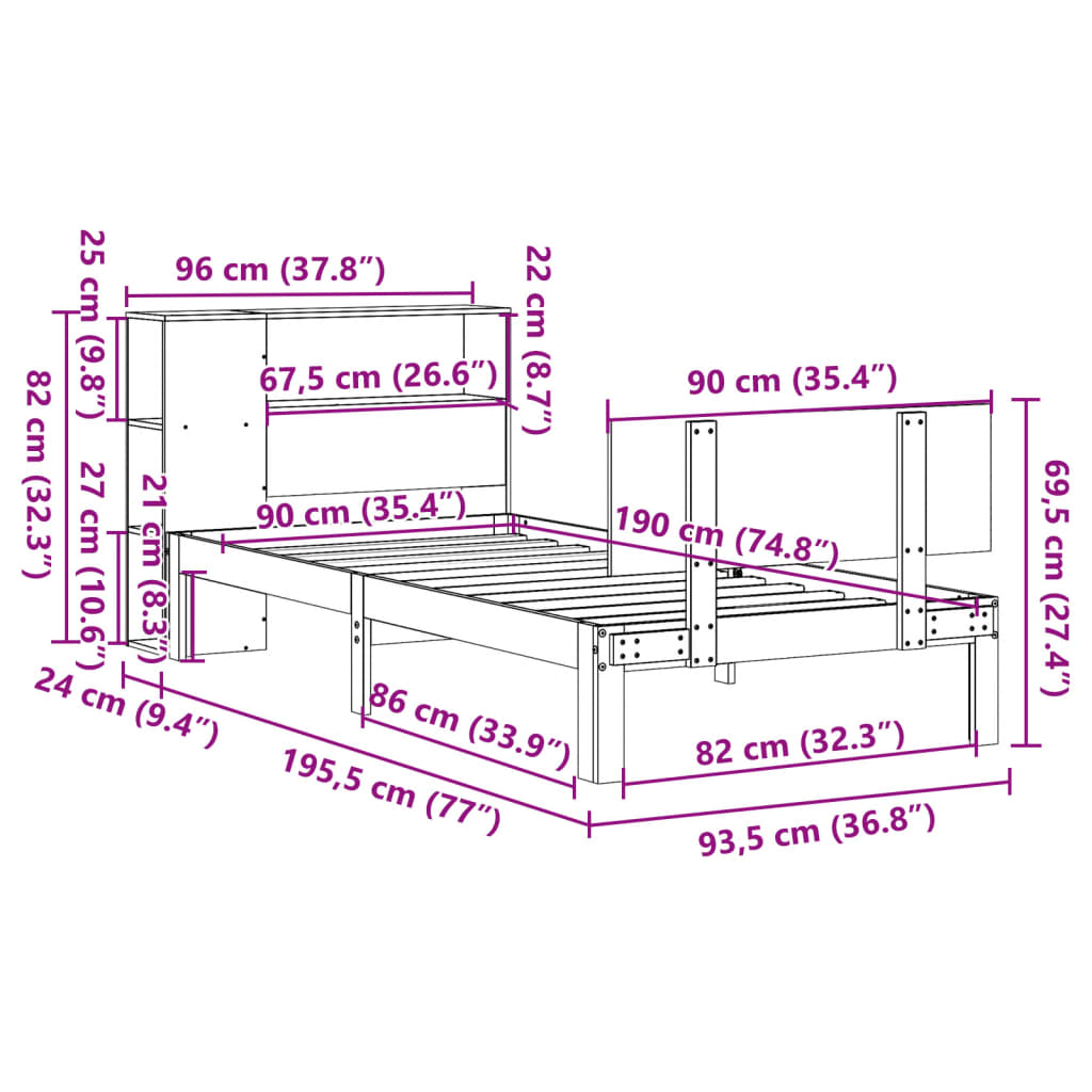 Bookcase Bed without Mattress 90x190cm Single Solid Wood Pine