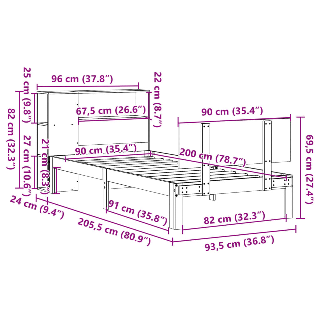Bookcase Bed without Mattress White 90x200cm Solid Wood Pine