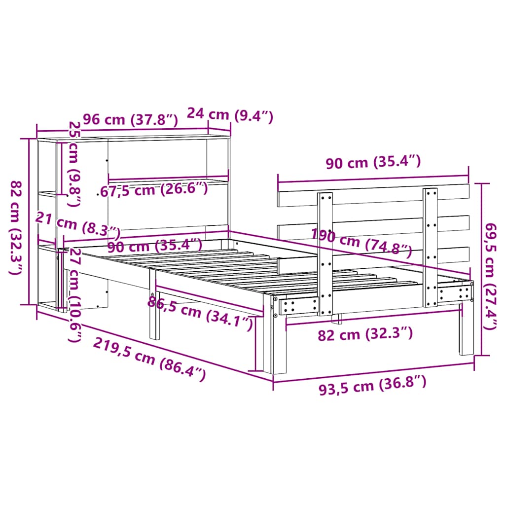 Bookcase Bed without Mattress 90x190 cm Single Solid Wood Pine