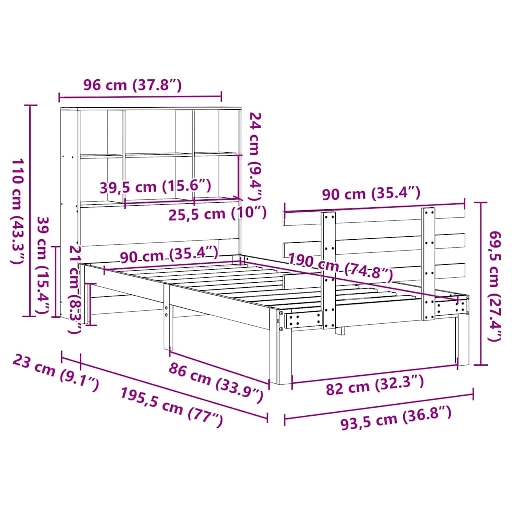 Bookcase Bed without Mattress 90x190 cm Single Solid Wood Pine
