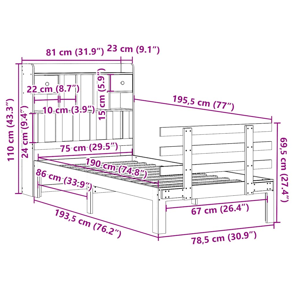 Bookcase Bed without Mattress 75x190 cm Small Single Solid Wood Pine