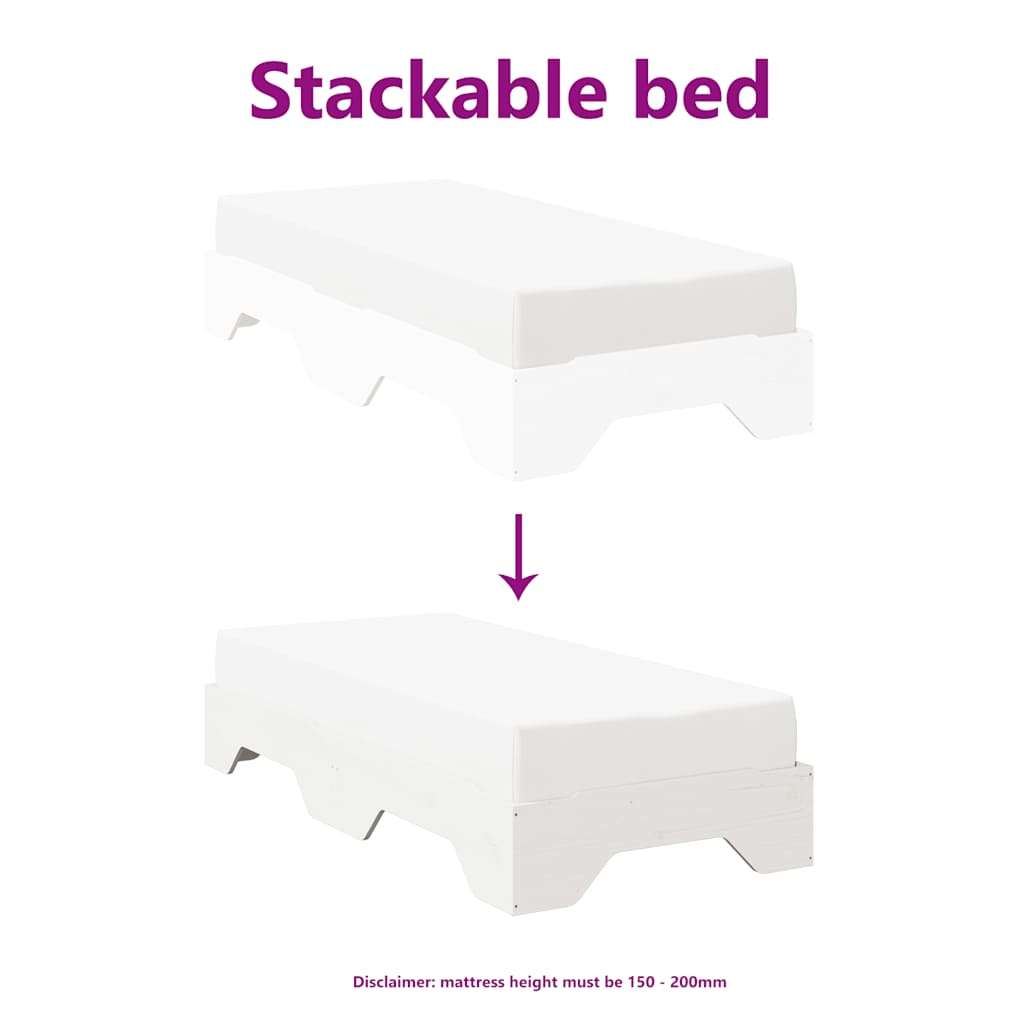 Bed Frame No Mattress Stackable White 90x190 cm Single Solid Wood