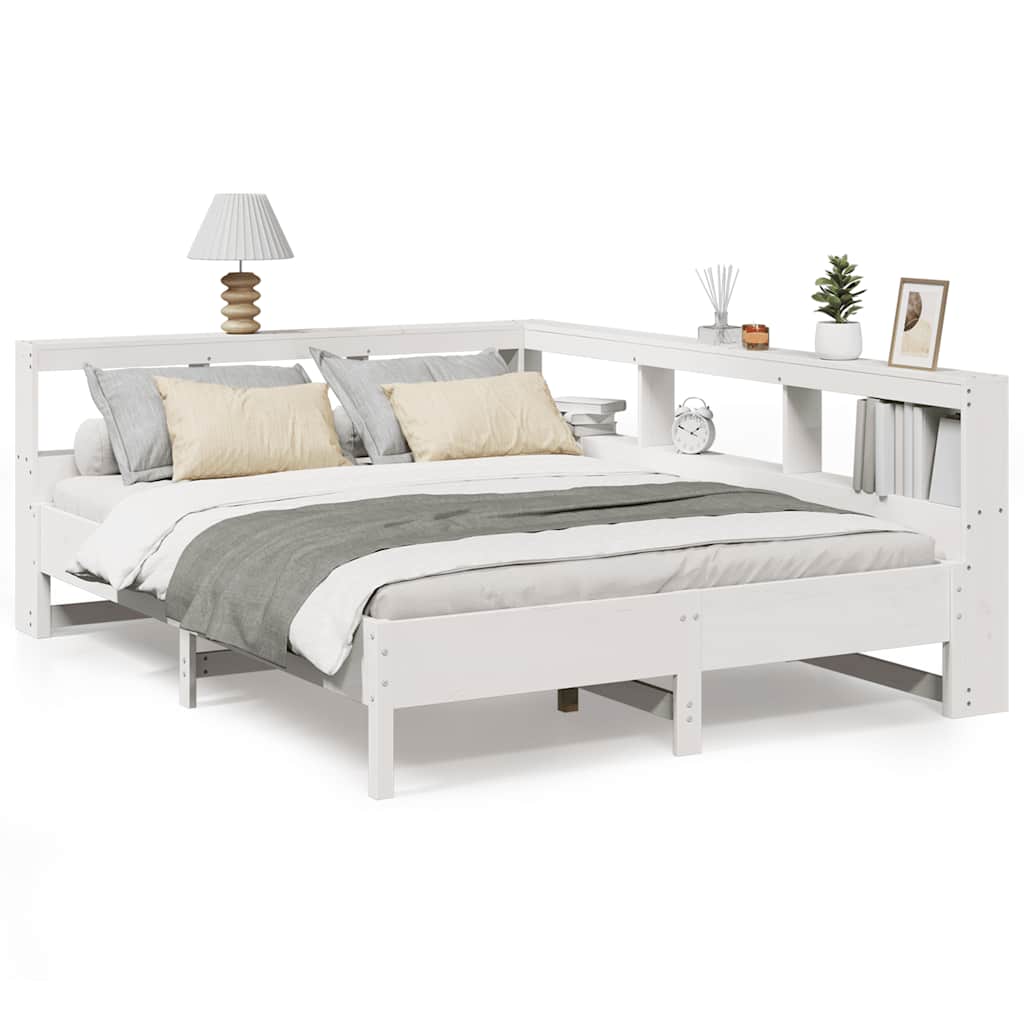 Bookcase Bed without Mattress White 150x200 cm King Size Solid Wood Pine