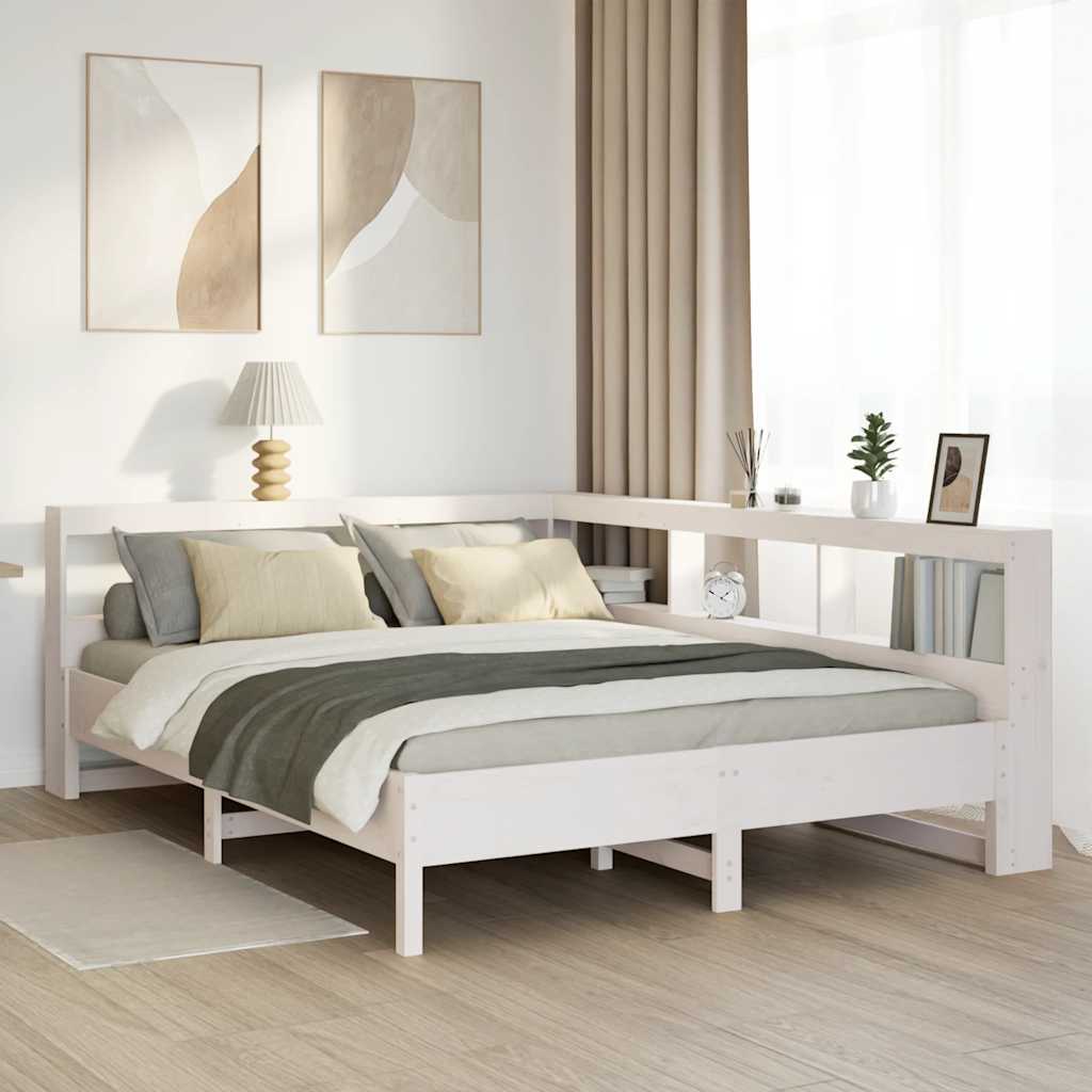 Bookcase Bed without Mattress White 150x200 cm King Size Solid Wood Pine