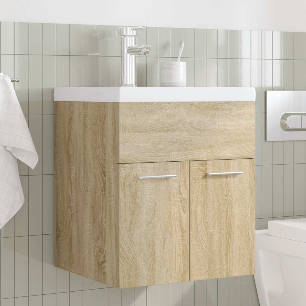 Bathroom Sink Cabinet with Built-in Basin and Faucet Sonoma Oak