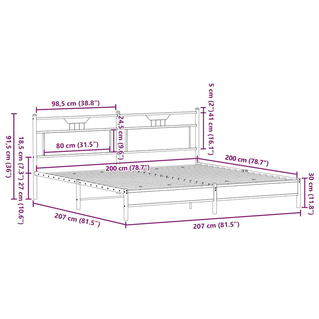 Metal Bed Frame without Mattress Smoked Oak 200x200 cm