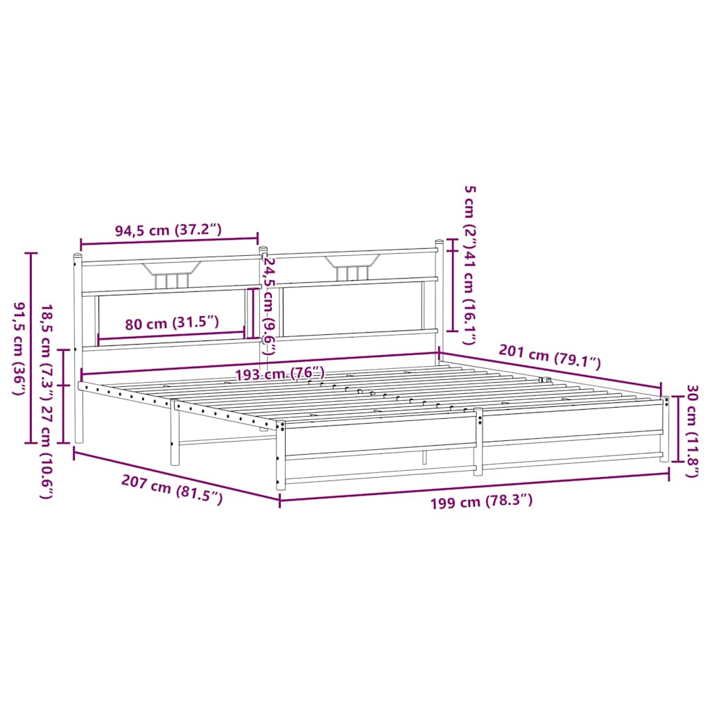Metal Bed Frame without Mattress Smoked Oak 193x201 cm