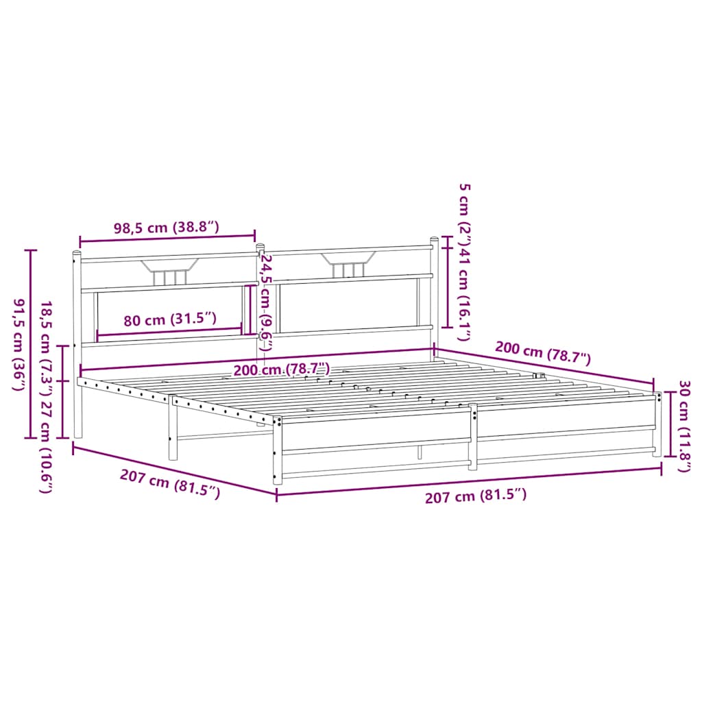 Metal Bed Frame without Mattress Smoked Oak 200x200 cm