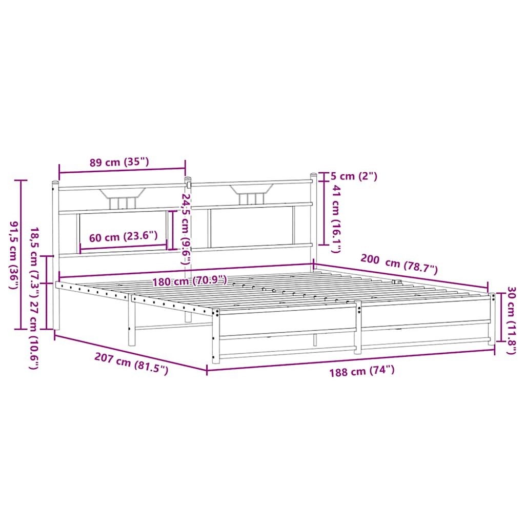 Metal Bed Frame without Mattress Sonoma Oak 180x200 cm Super King