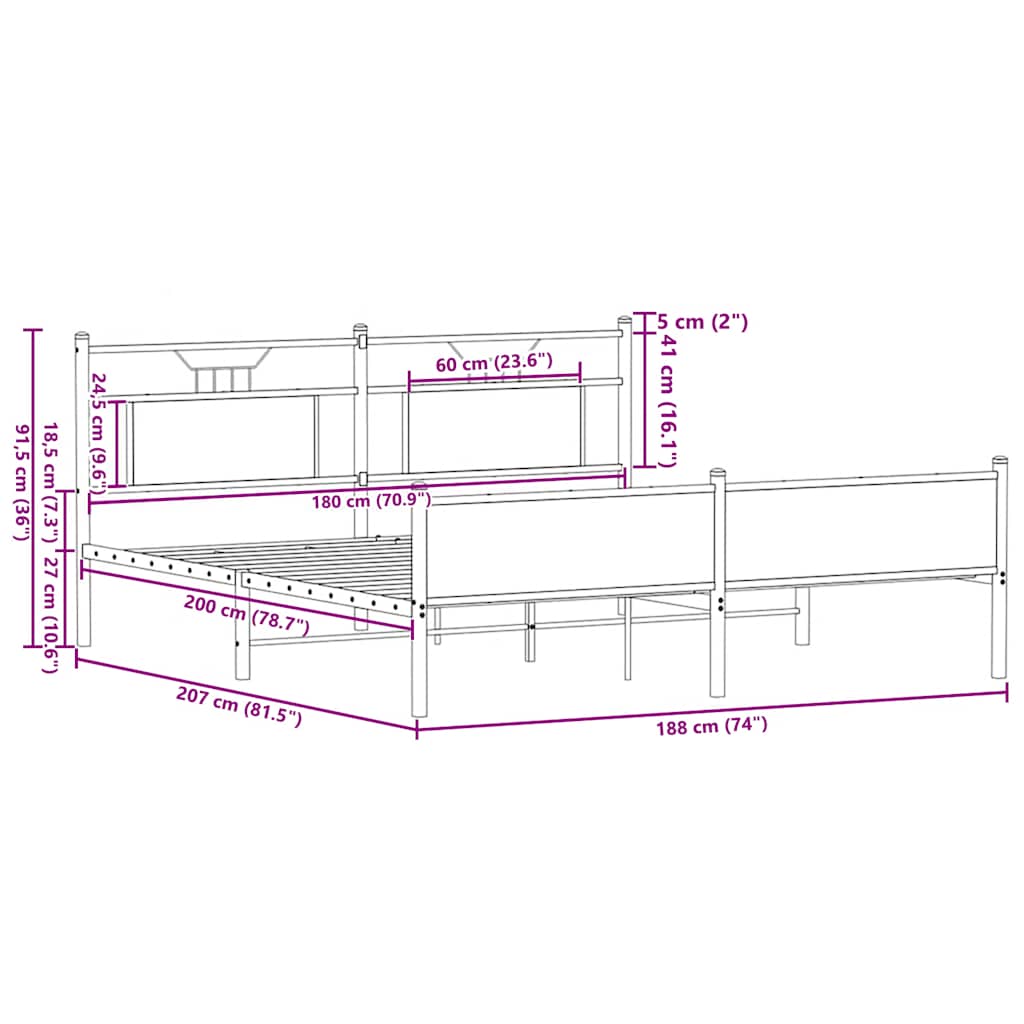 Metal Bed Frame without Mattress Sonoma Oak 180x200 cm Super King