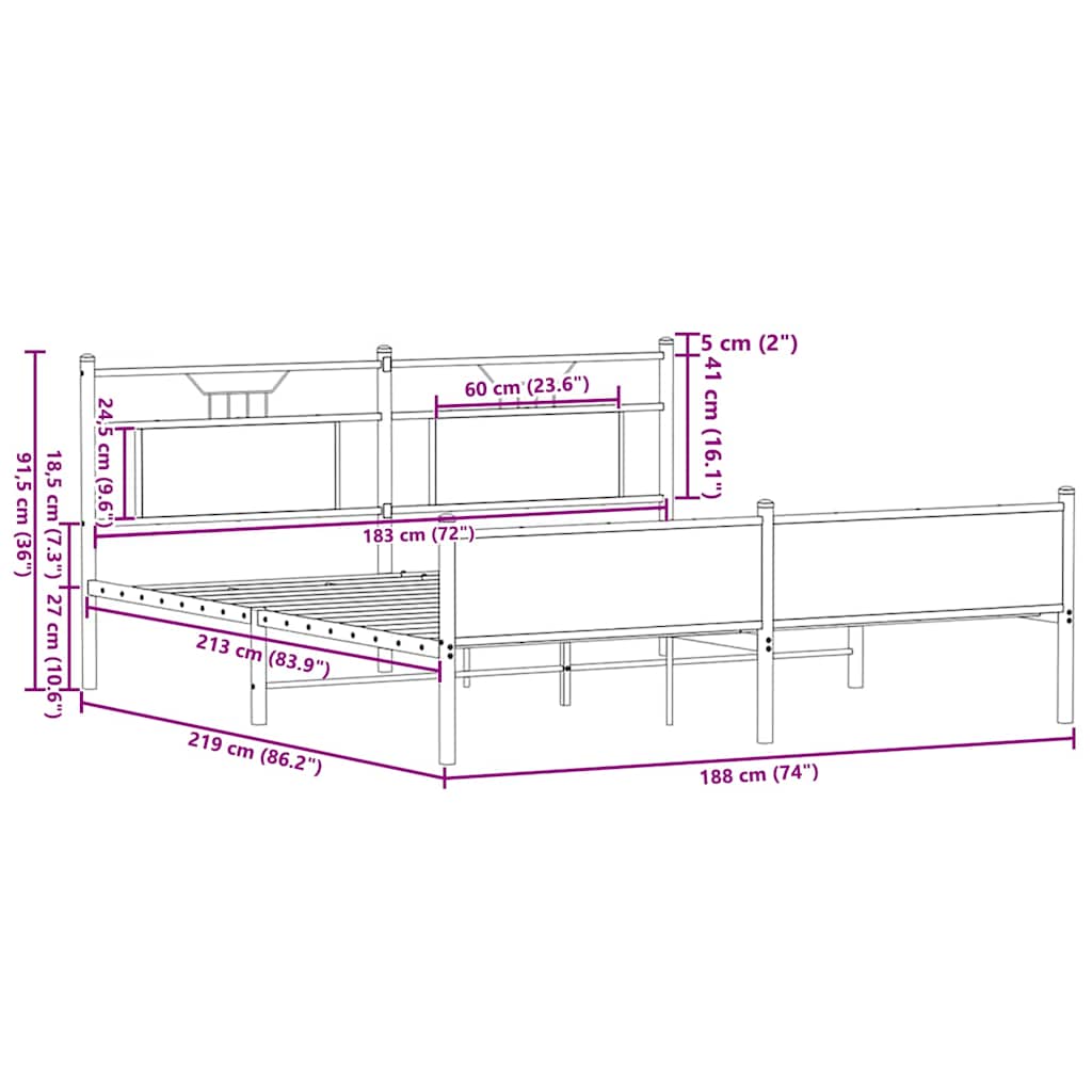 Metal Bed Frame without Mattress Sonoma Oak 183x213 cm