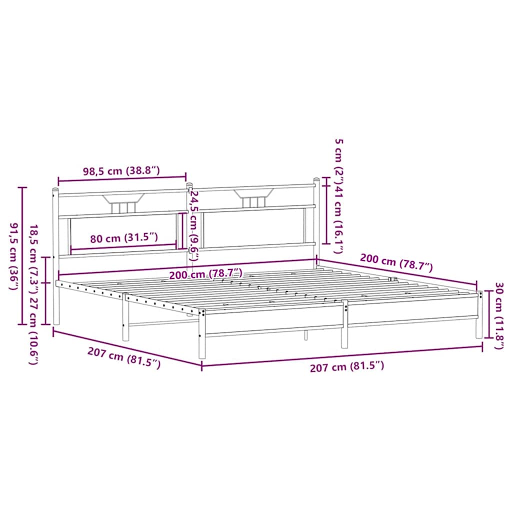 Metal Bed Frame without Mattress Brown Oak 200x200 cm