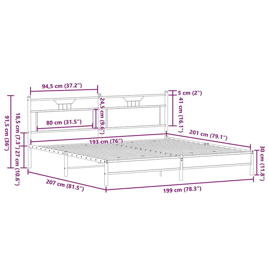 Metal Bed Frame without Mattress Brown Oak 193x201 cm