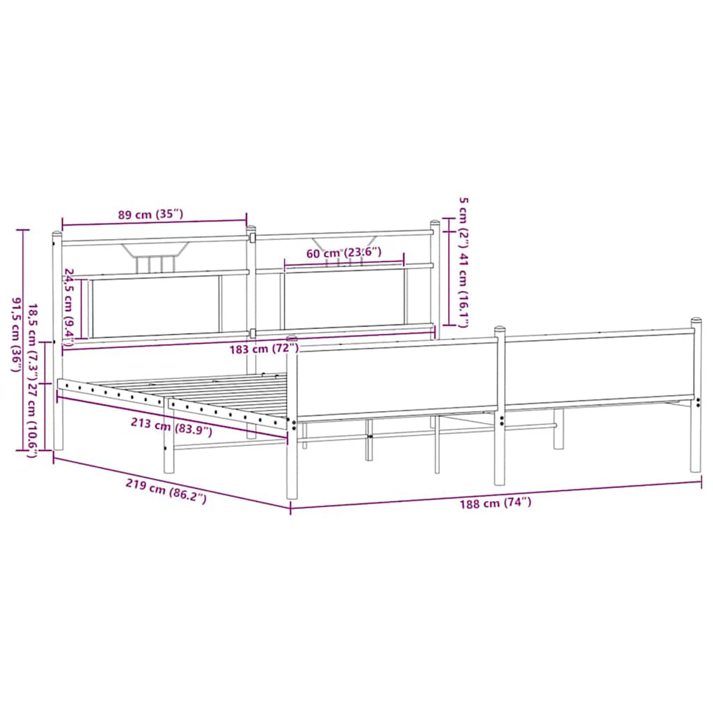Metal Bed Frame without Mattress Brown Oak 183x213 cm