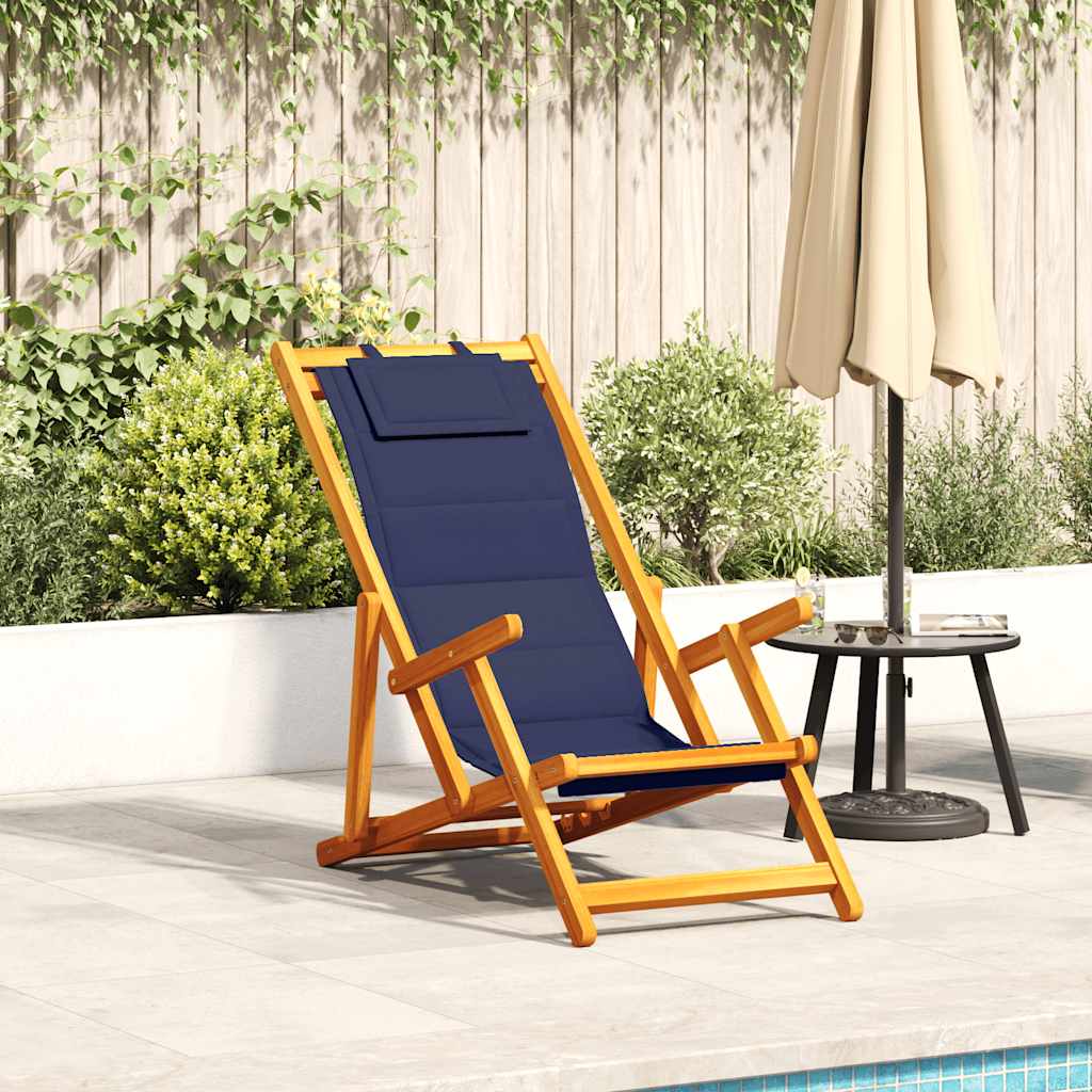 Folding Beach Chair with Armrests Blue Acacia Wood & Textilene