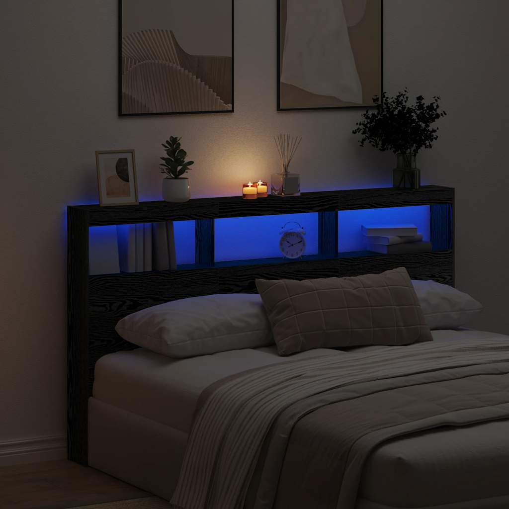 Headboard Cabinet with LED Black Oak 180x17x102 cm
