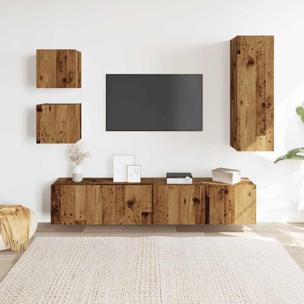 5 Piece TV Cabinet Set Wall-mounted Old Wood Engineered Wood