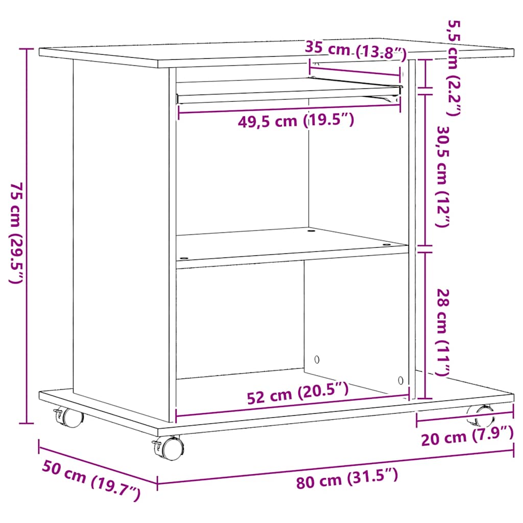 Computer Desk Black Oak 80x50x75 cm Engineered Wood