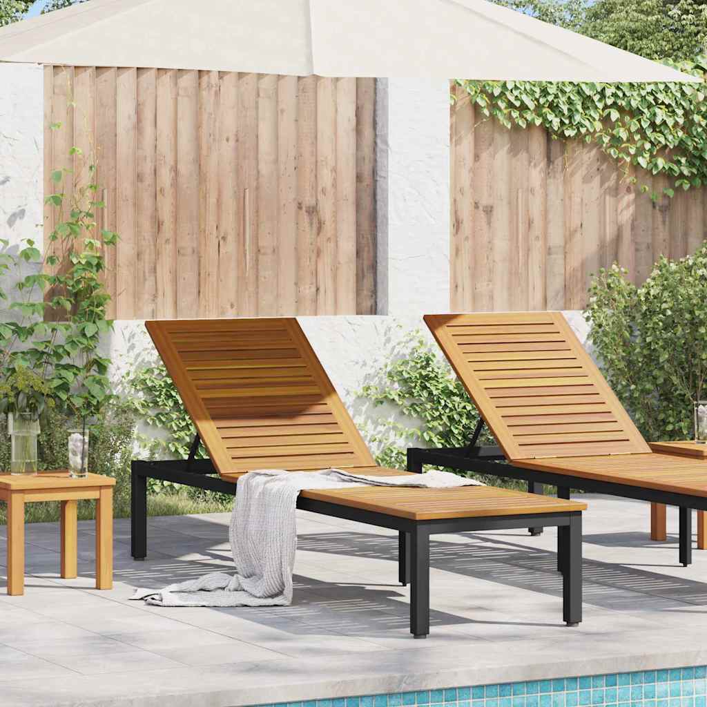 Sun lounger Reclining Black 200 x 55 x 35cm Solid Acacia wood