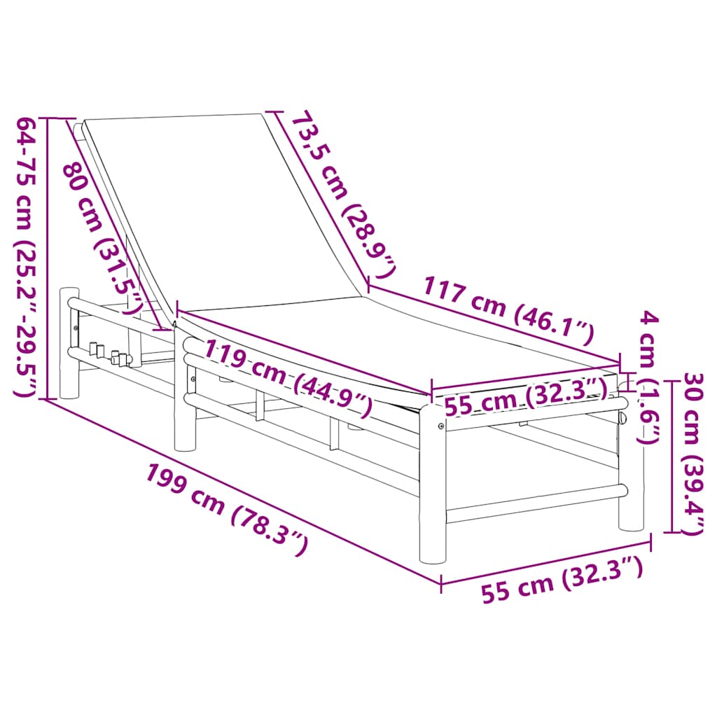 Sun Lounger with Cushions 55x199x30 cm Bamboo