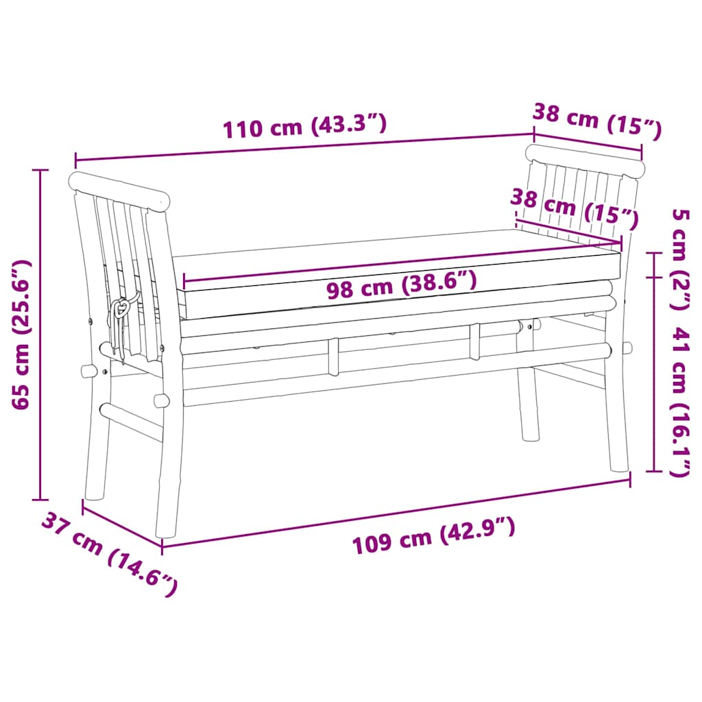 Garden Bench with Cushion Brown 110 x 38 x 65cm Bamboo