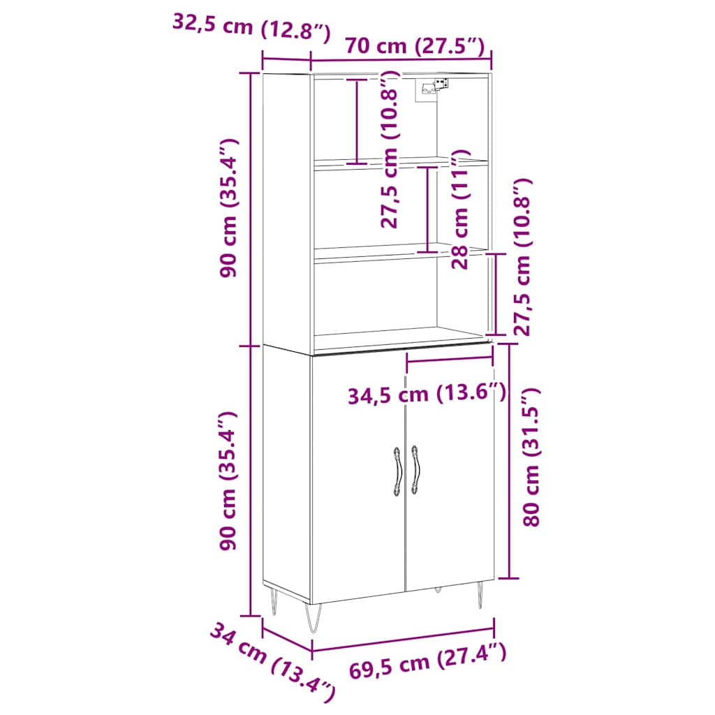 Highboard Wall-mounted 2 pcs Black oak Engineered Wood