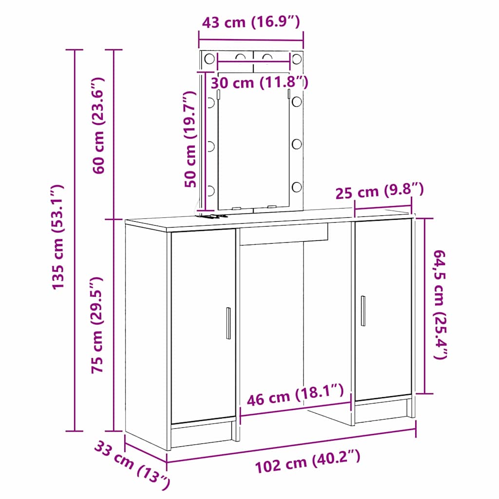 Dressing Table 102 X 33 X 135 Cm Engineered Wood