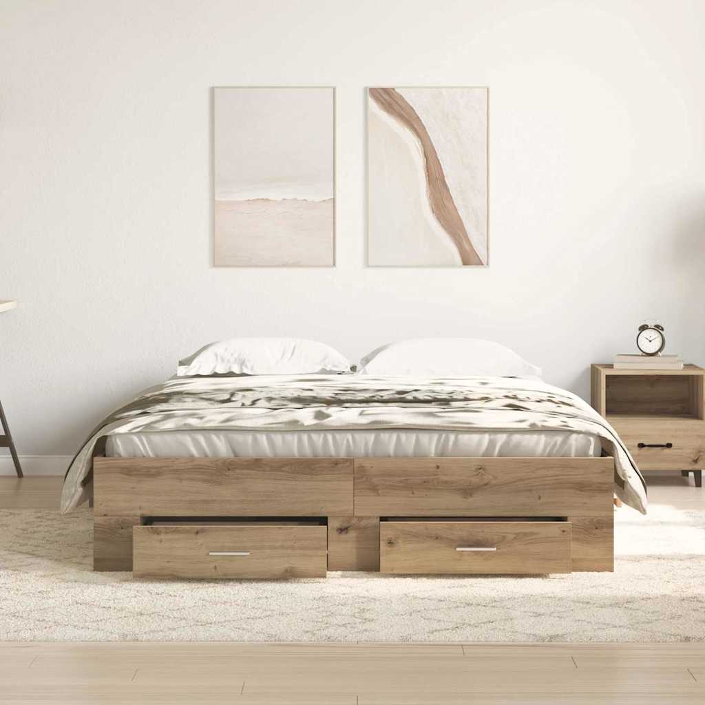Bed Frame with Drawers Artisan oak 140 x 190 cm Engineered wood