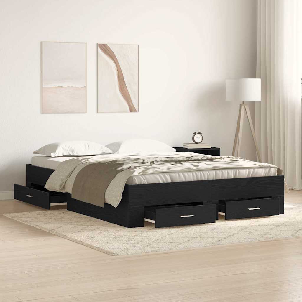 Bed Frame with Drawers Black oak 135 x 190 cm Engineered wood