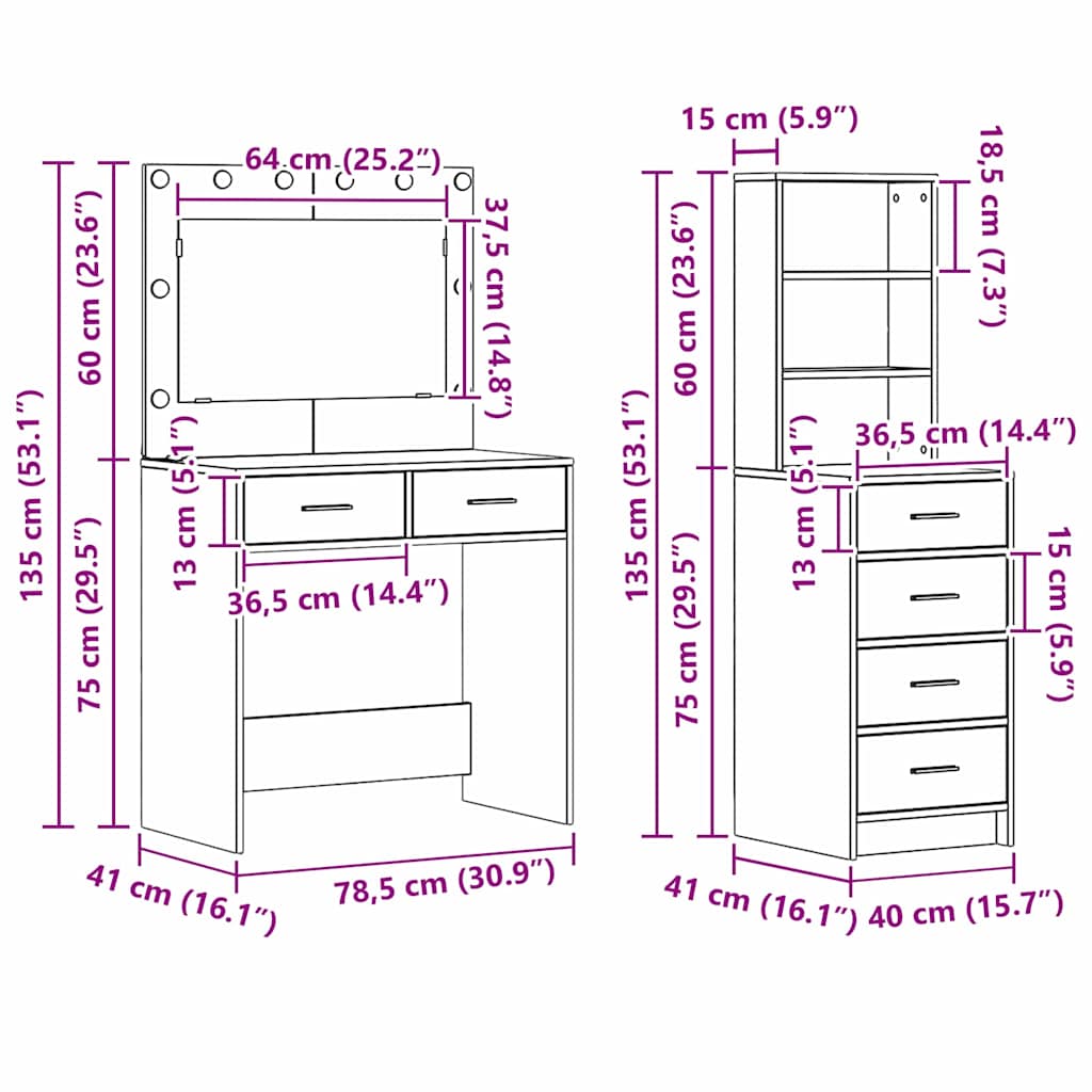 Dressing Table 78.5 X 41 X 135 Cm Engineered Wood