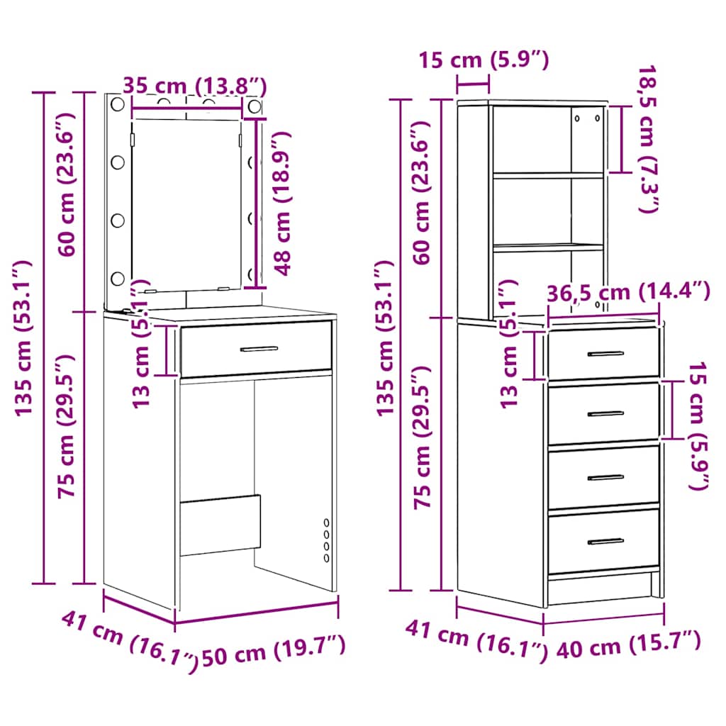 Dressing Table 2 Pcs 50 X 41 X 135 Cm Engineered Wood