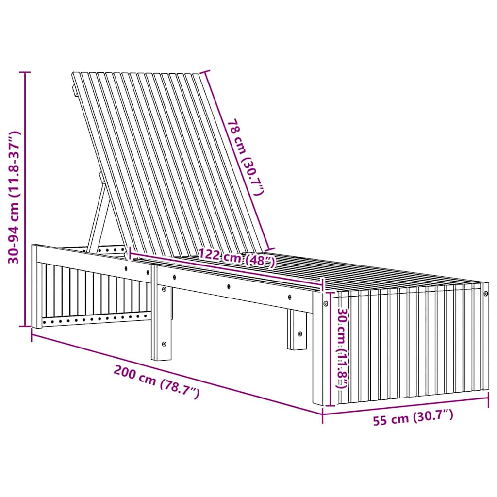 Sun Lounger Reclining Brown 200 x 55 x 94cm Solid Acacia wood