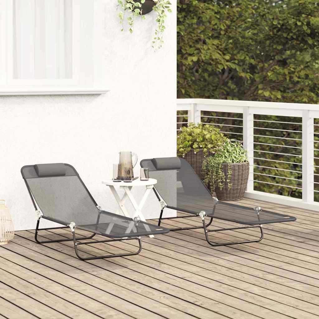 Folding Sun Lounger 2 pcs Grey 182 x 55 x 85.5cm Textilene