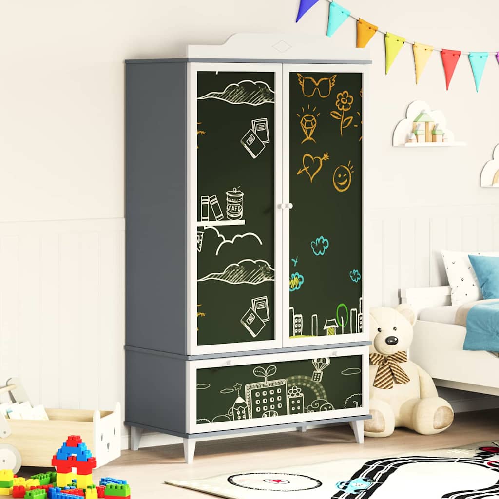 Chalkboard Wardrobe with Drawer Grey and white Engineered wood