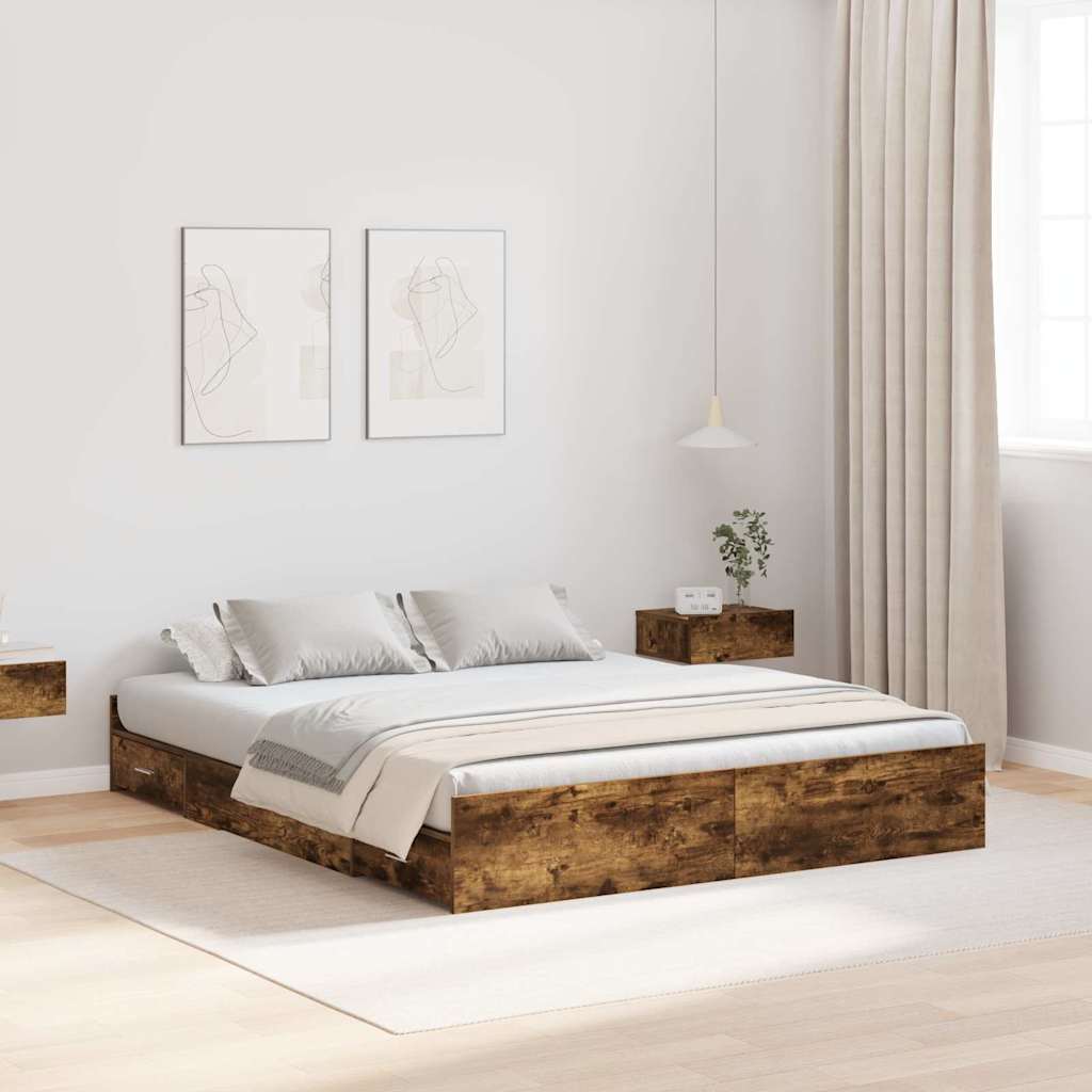 Storage Bed Frame Smoked oak 135 x 190 cm Engineered wood
