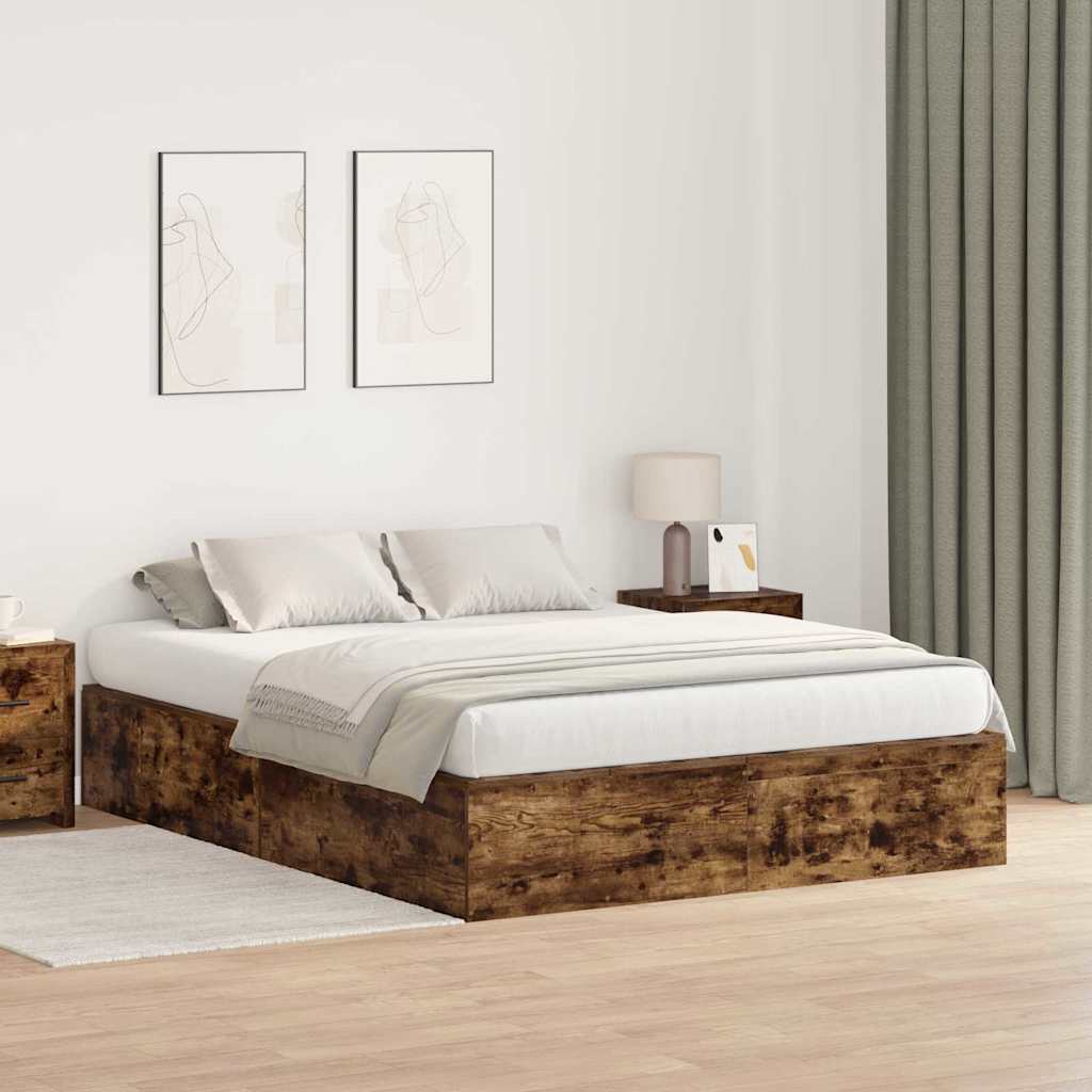 Bed Frame with Storage Smoked oak 135 x 190 cm Engineered wood