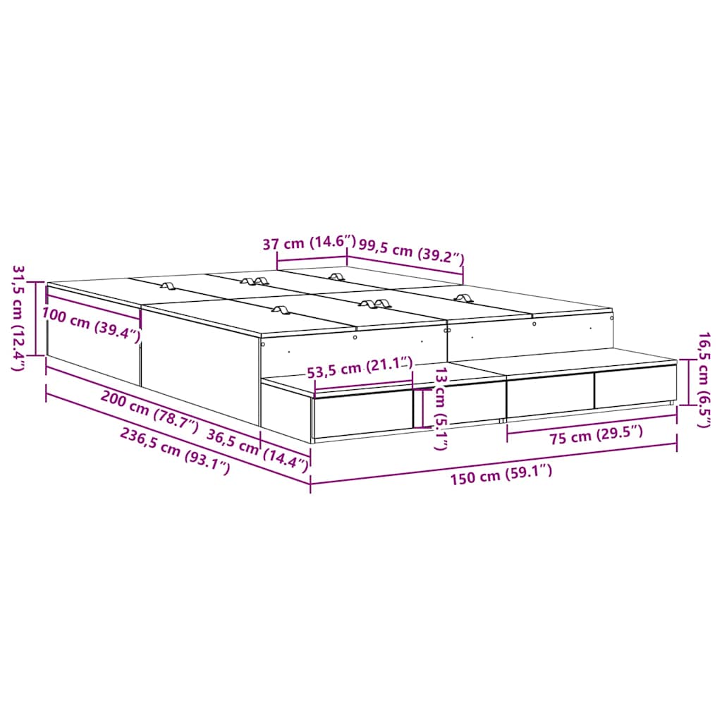 Storage Bed Frame with Drawer Smoked Oak 236.5 x 150 x 31.5 cm
