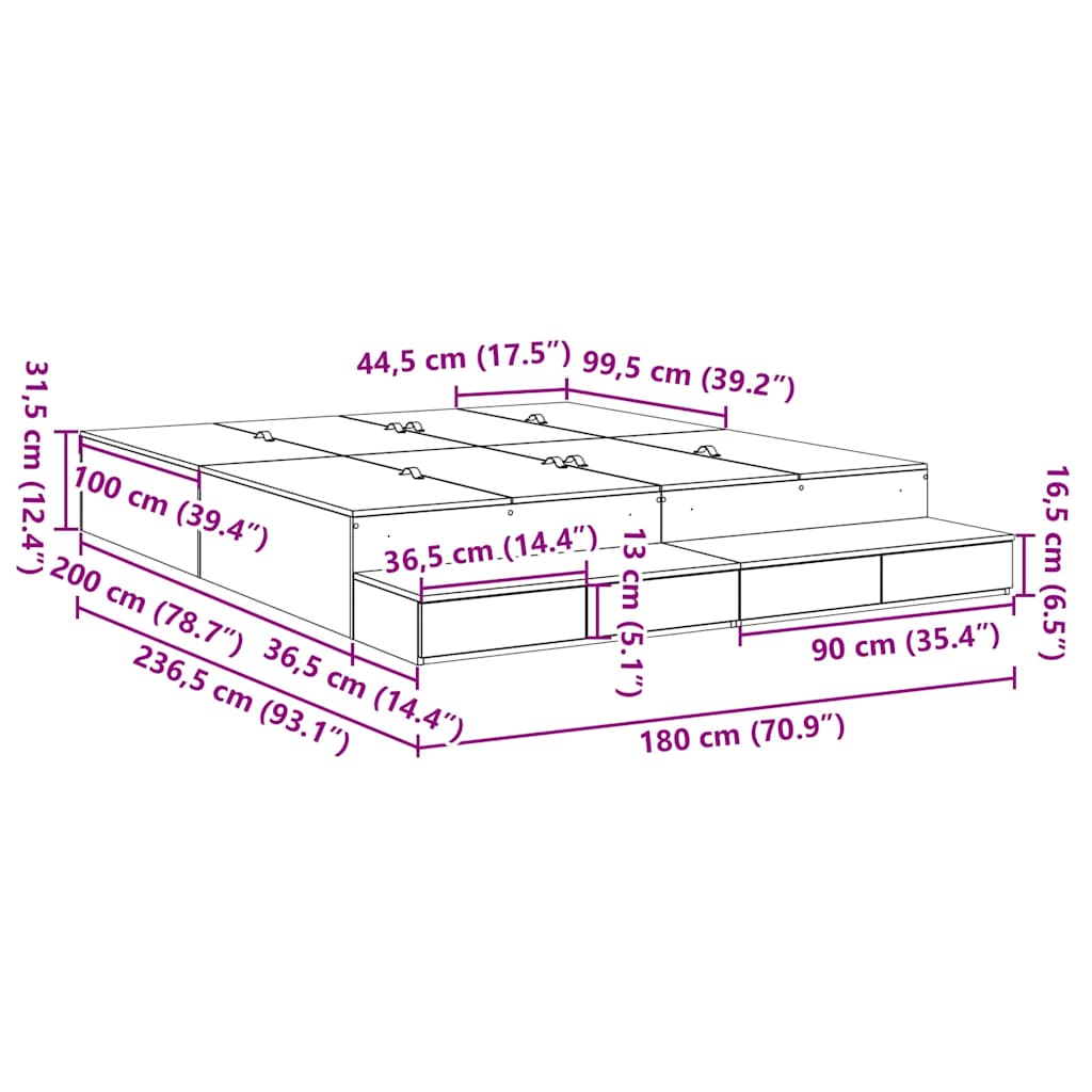 Storage Bed Frame with Drawer Smoked Oak 236.5 x 180 x 31.5 cm