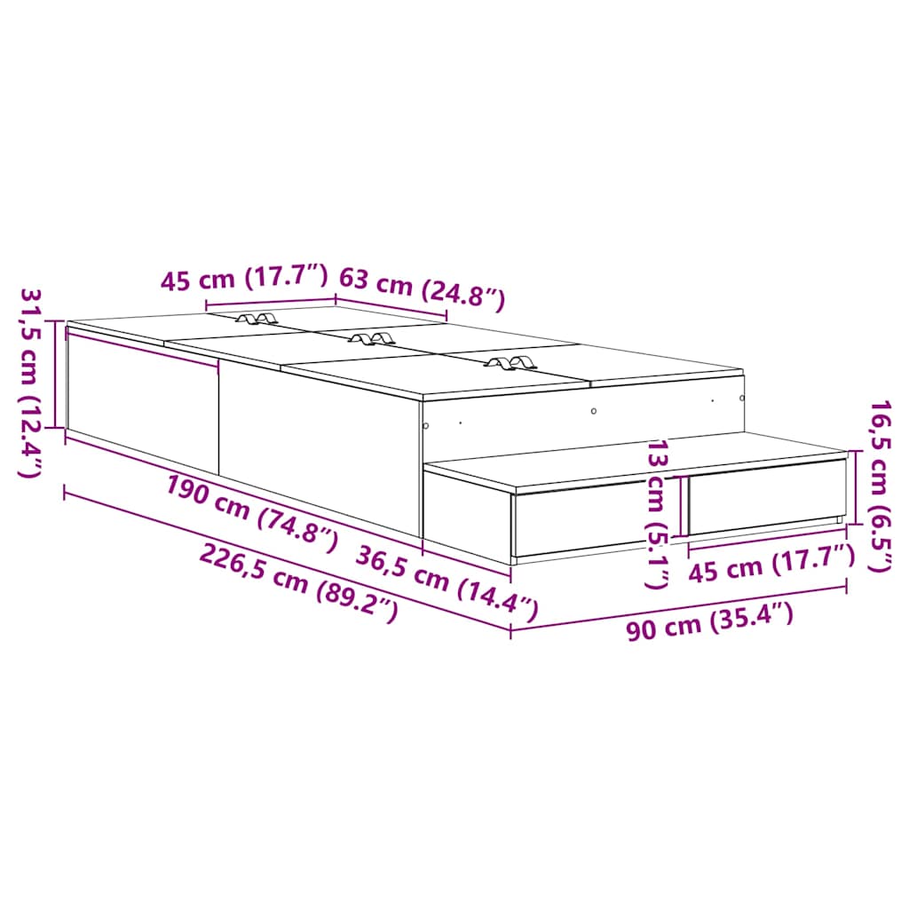 Storage Bed Frame White 226.5 x 90 x 31.5 cm Engineered wood