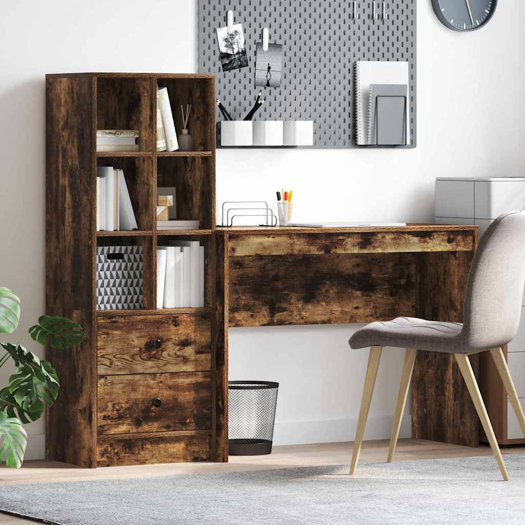 Desk with Storage with Drawer 2 pcs Smoked Oak 100 x 40 x 76 cm