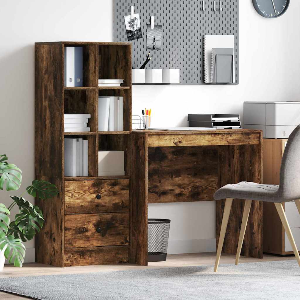Desk with Storage with Drawer 2 pcs Smoked Oak 90 x 50 x 76 cm