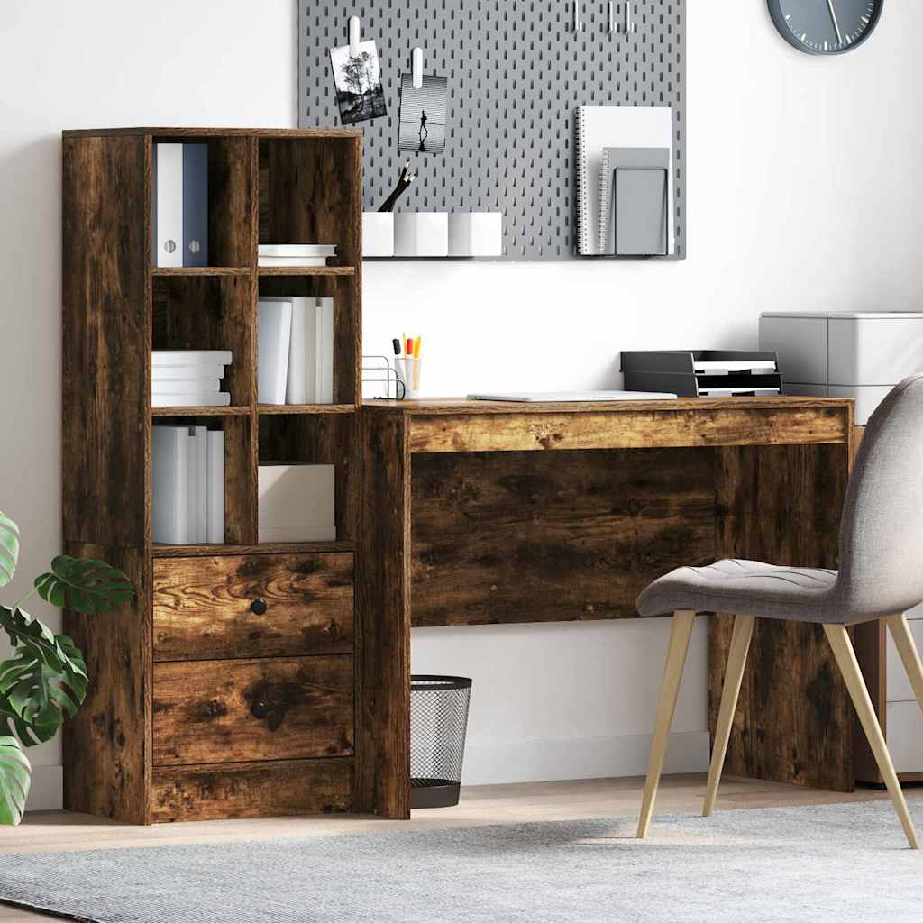 Desk with Storage with Drawer 2 pcs Smoked Oak 100 x 50 x 76 cm