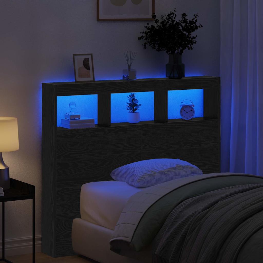 Headboard Cabinet with LED Black oak 122 x 17 x 102 cm
