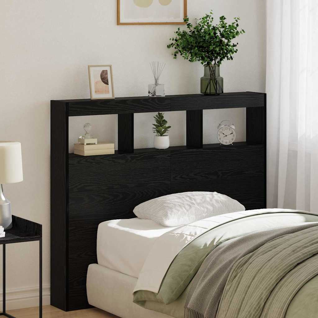 Headboard Cabinet with LED Black oak 122 x 17 x 102 cm