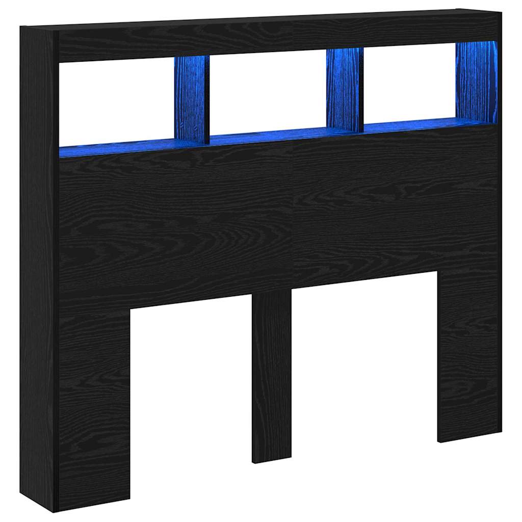 Headboard Cabinet with LED Black oak 122 x 17 x 102 cm